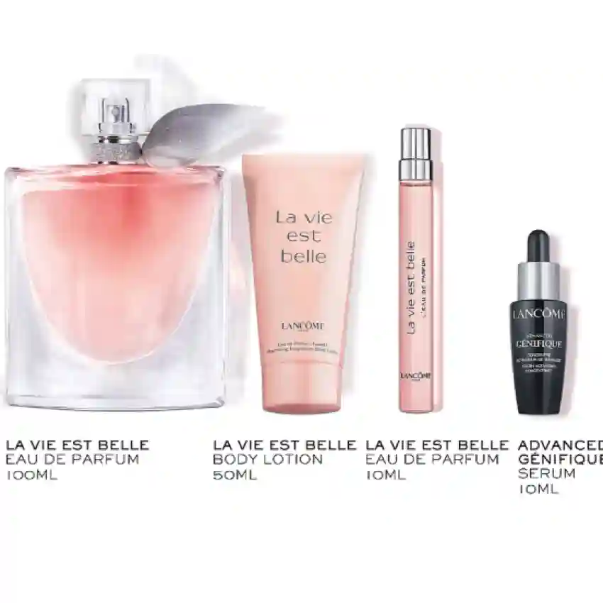 Set Cadou Lancome La Vie Est Belle EDP 100 ml + Spray de Calatorie EDP 10 ml + Loțiune De Corp 50 ml + Ser Anti Age Advanced Genifique 10 ml