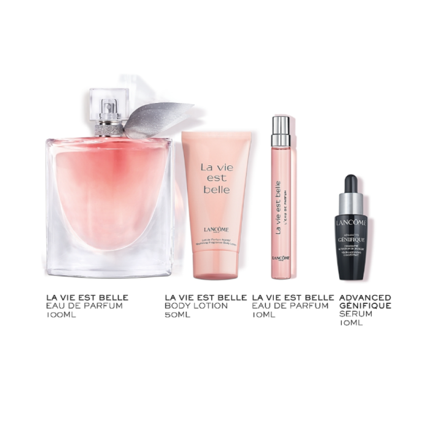 Set Cadou Lancome La Vie Est Belle EDP 100 ml + Spray de Calatorie EDP 10 ml + Loțiune De Corp 50 ml + Ser Anti Age Advanced Genifique 10 ml