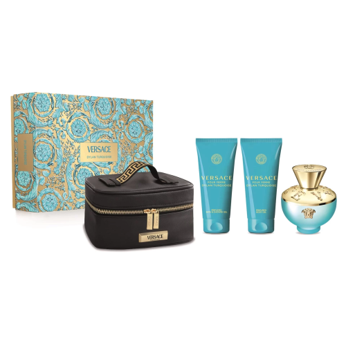 Set Cadou Versace Dylan Turquoise EDT 100 ml + Loțiune de corp 100 ml + Gel de duș 100 ml + Geantă Cosmetică