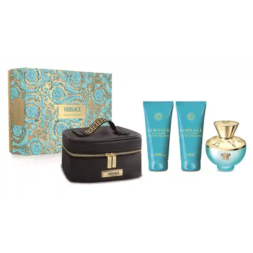 Set Cadou Versace Dylan Turquoise EDT 100 ml + Loțiune de corp 100 ml + Gel de duș 100 ml + Geantă Cosmetică