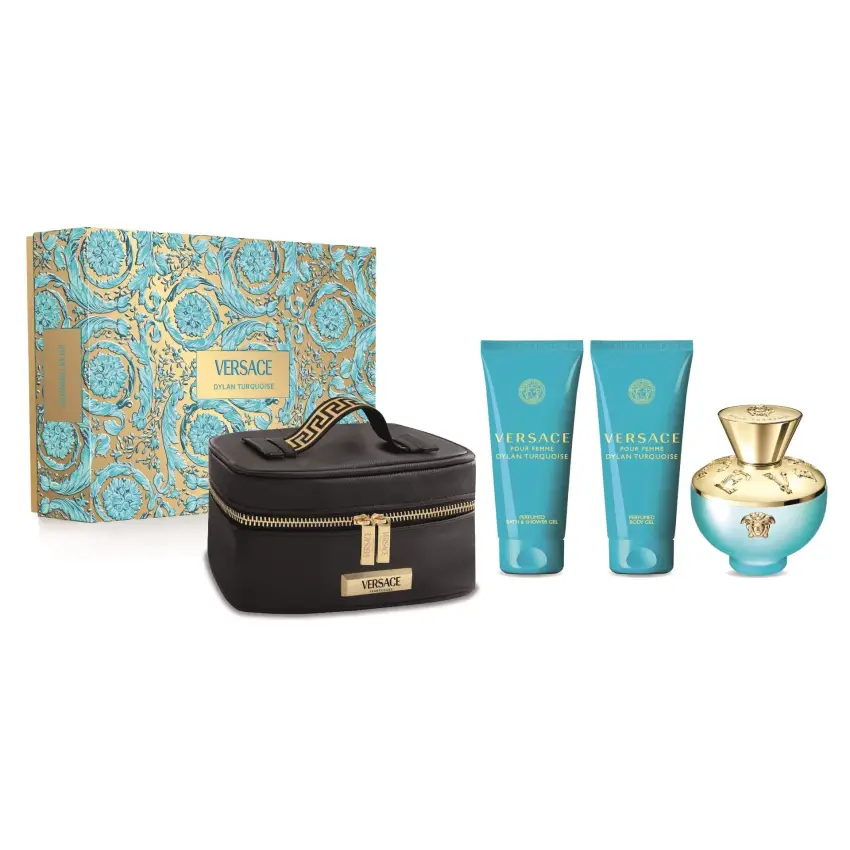 Set Cadou Versace Dylan Turquoise EDT 100 ml + Loțiune de corp 100 ml + Gel de duș 100 ml + Geantă Cosmetică