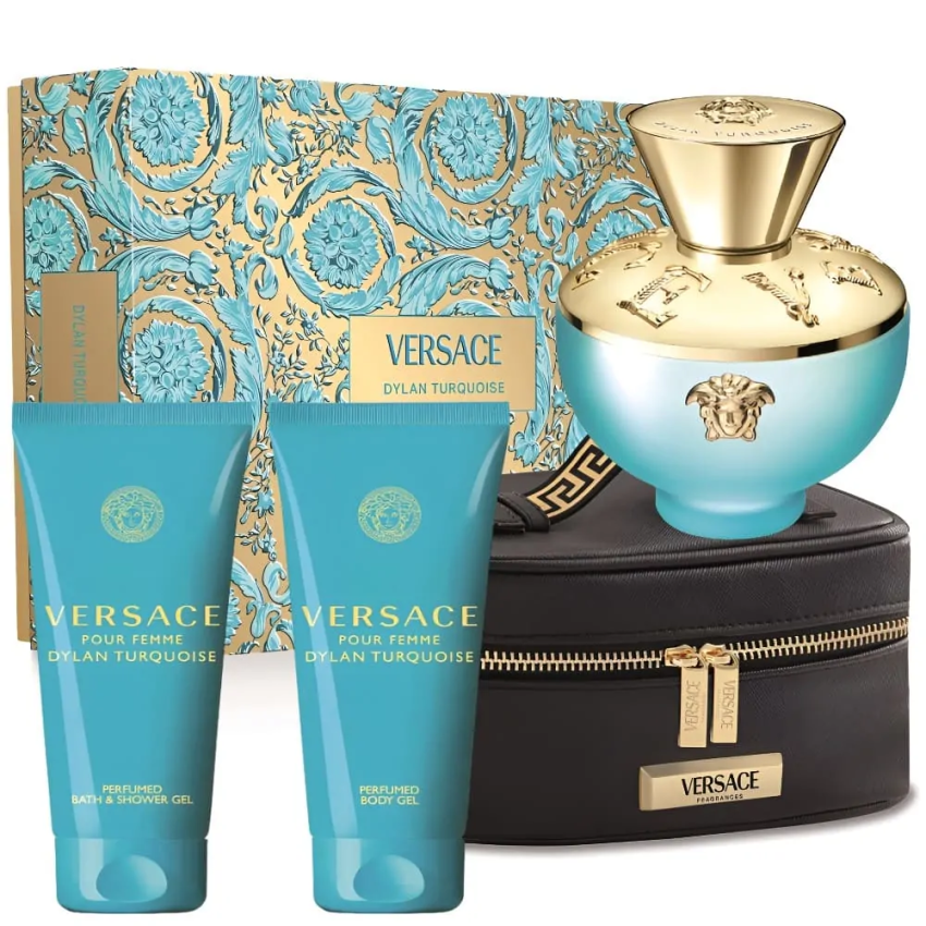 Set Cadou Versace Dylan Turquoise EDT 100 ml + Loțiune de corp 100 ml + Gel de duș 100 ml + Geantă Cosmetică
